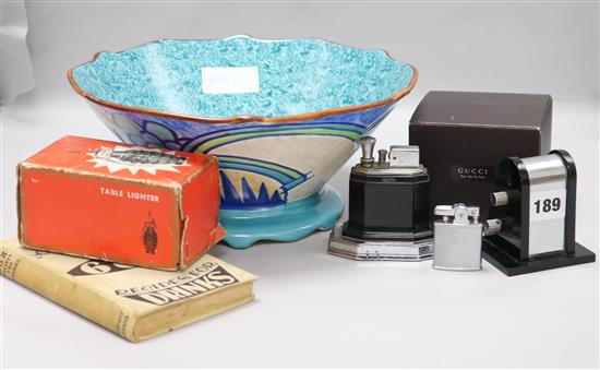 An Art Deco lighter, a calendar, a bowl, etc.